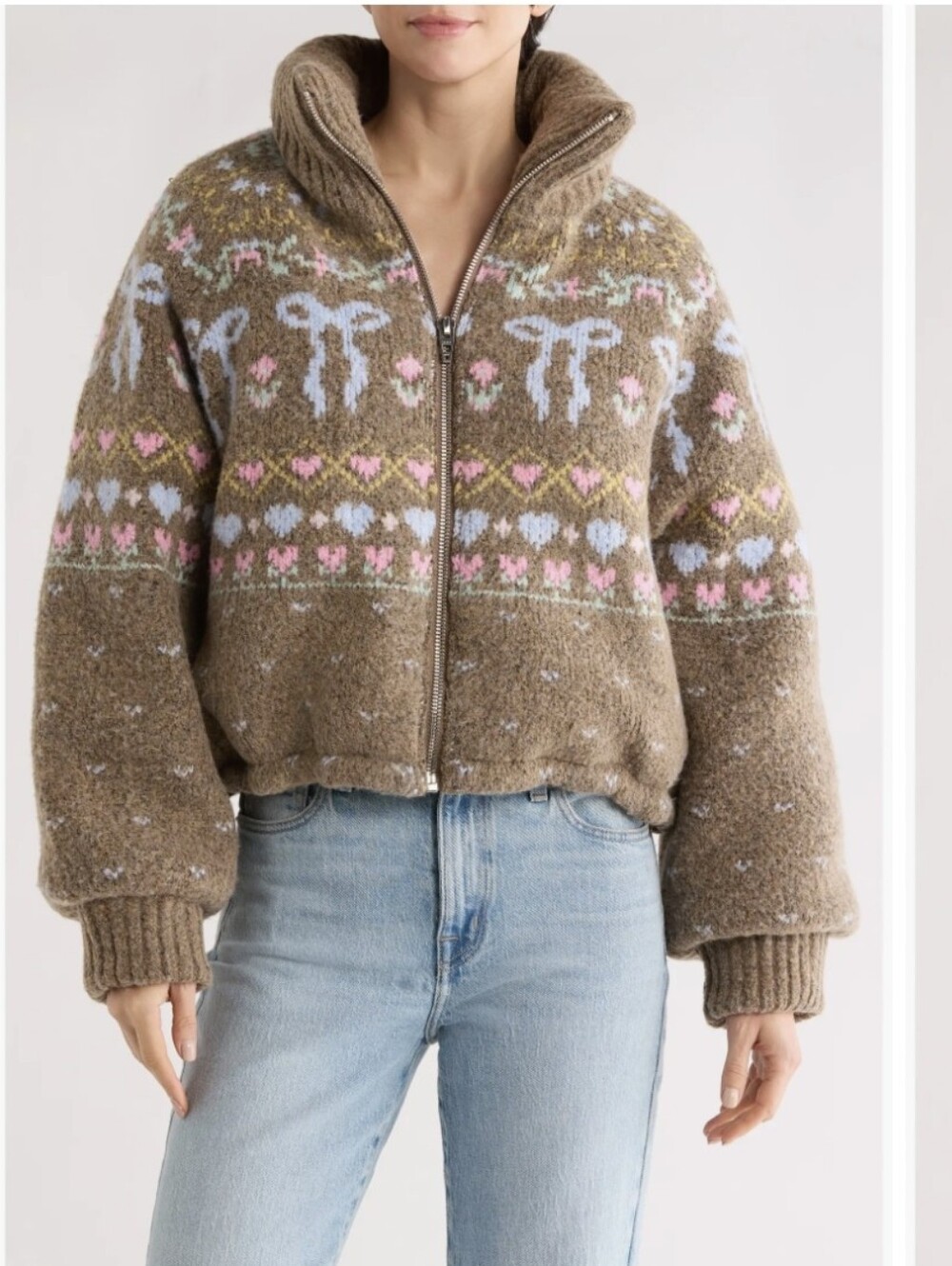 Viral BlankNYC Dream Chaser Brown bow knit Puffer Jacket Anthropologie